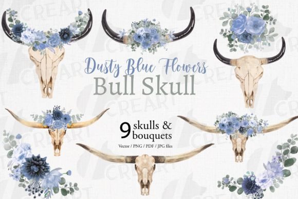 Dreamy Dusty Blue Floral Bull Skull Art for Print Templates and Graphics